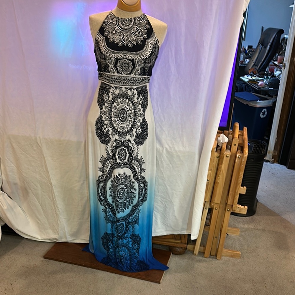 Elegant Black and Blue Halter Maxi Dress